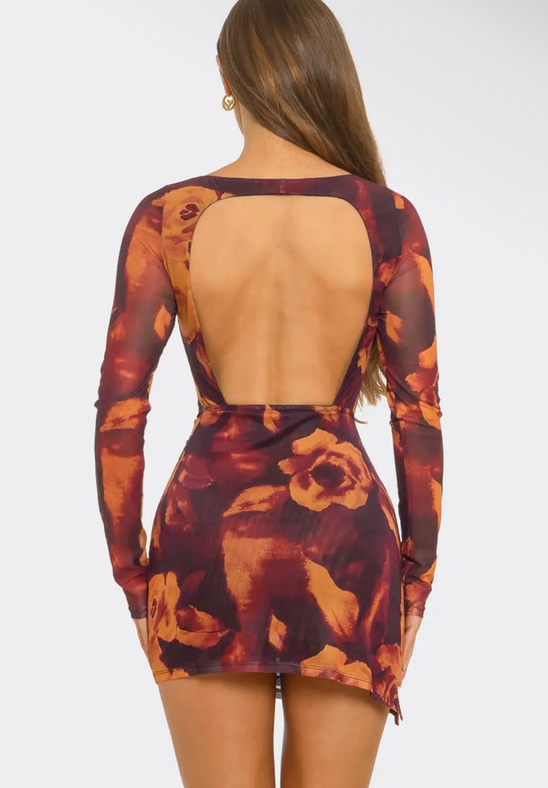 Mina (Floral print open back mini dress)